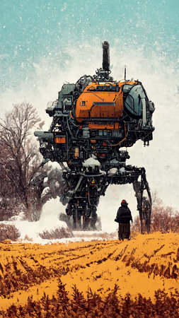 A futuristic cyberpunk robot in nature. A high-tech robot from the future. Futuristic and cyberpunk concept. Perfect for phone wallpaper or for posters.の写真素材