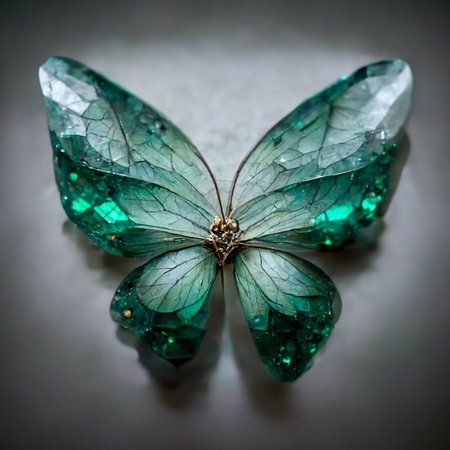 Butterfly of gemstones and crystals. Emerald or tourmaline green crystals. Jewelry made of crystals. Perfect for phone wallpaper or for posters. 3D Rendering.の写真素材