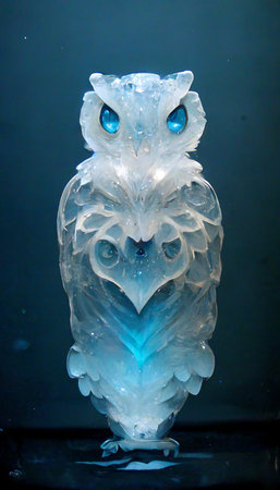 Crystal magical owl with beautiful eyes. Artistic abstract cute bird. Perfect for phone wallpaper or for posters. 3D rendering.の写真素材