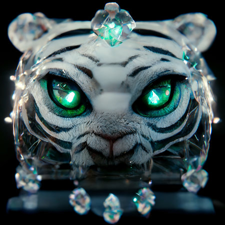 Crystal magical tiger with beautiful eyes. Artistic abstract cute animal. Perfect for phone wallpaper or for posters. 3D rendering.の写真素材
