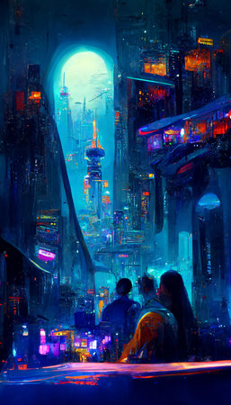 The bright neon high-tech city of the future. An unusual futuristic night city. The concept of a future megalopolis, innovation and technology. Perfect for phone wallpaper or for posters.の写真素材