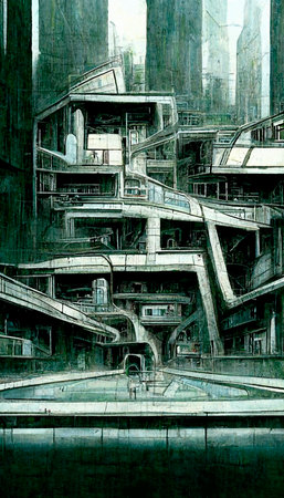 The dark, high-tech city of the future. An unusual futuristic city in shades of gray. Concept of a future metropolis, innovation and technology. Perfect for phone wallpaper or for posters.の写真素材