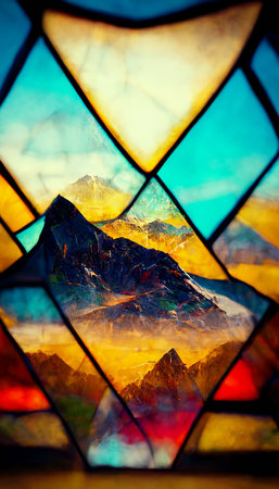 A fabulous abstract colorful landscape of mountains and nature observed through a stained glass window.の写真素材