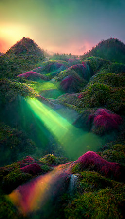 Fabulous abstract colorful landscape of mountains and nature. Mountains during sunrise. A beautiful landscape in the summertime.の写真素材