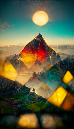 A fabulous abstract colorful landscape of mountains and nature observed through a stained glass window.の写真素材