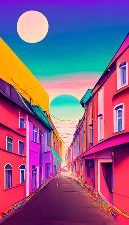 Colorful multicolored bright picture. Painted bright multicolored street. Abstract colorful background.の写真素材
