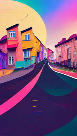 Colorful multicolored bright picture. Painted bright multicolored street. Abstract colorful background.の写真素材