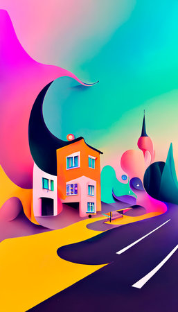 Colorful multicolored bright picture. Painted bright multicolored street. Abstract colorful background.の写真素材