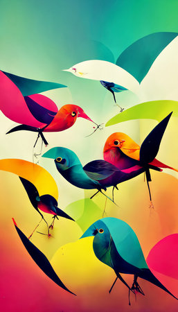 Colorful multicolored bright picture. Painted bright multicolored birds. Abstract colorful background.の写真素材