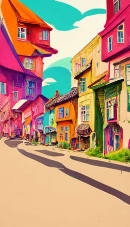 Colorful multicolored bright picture. Painted bright multicolored street. Abstract colorful background.の写真素材