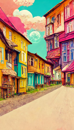 Colorful multicolored bright picture. Painted bright multicolored street. Abstract colorful background.の写真素材