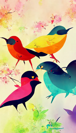 Colorful multicolored bright picture. Painted bright multicolored birds. Abstract colorful background.の写真素材
