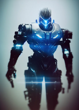 A fictional person, not based on a real person. Portrait of a sci-fi cyberpunk warrior. High-tech futuristic man from the future. The concept of virtual reality and cyberpunk. 3D render.の写真素材