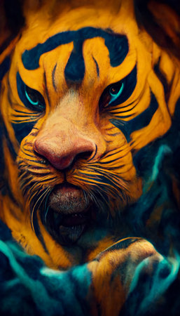 Royal surrealistic abstract tiger. Growling tiger watching his prey. The concept of the hunter.の写真素材