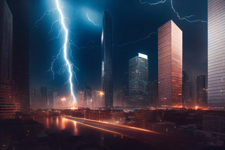 Huge lightnings over a major modern metropolis. A night storm over the city. 3D renderingの写真素材