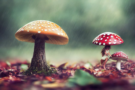 Wonderful fairy tale mushrooms with an elf. A magical forest glade. Forest fairy tale concept. 3D renderingの写真素材