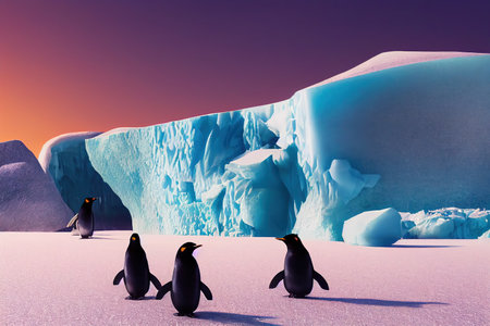 Emperor penguins on the ice in the Antarctic. Cold Antarctic and ice blocks. 3D renderingの写真素材