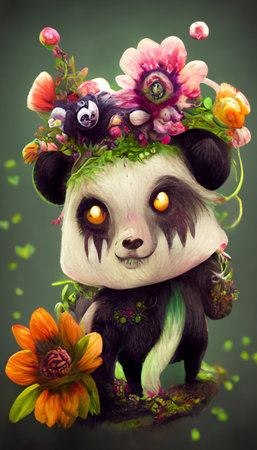 A fantasy panda with flowers and a beautiful magical fairy tale enchanted forest. Artistic abstract beautiful nature. Perfect for phone wallpaper or for posters.の写真素材