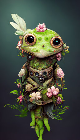 A fantasy frog with flowers and a beautiful magical fairy tale enchanted forest. Artistic abstract beautiful nature. Perfect for phone wallpaper or for posters.の写真素材
