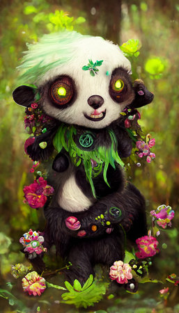 A fantasy panda with flowers and a beautiful magical fairy tale enchanted forest. Artistic abstract beautiful nature. Perfect for phone wallpaper or for posters.の写真素材