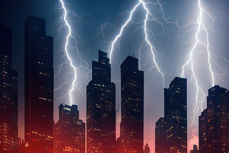 Huge lightnings over a major modern metropolis. A night storm over the city. 3D rendering