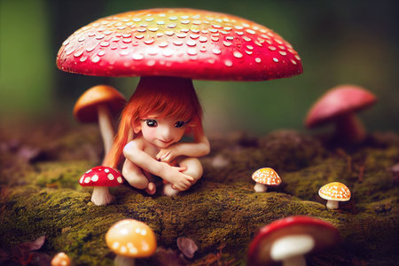 Wonderful fairy tale mushrooms with an elf. A magical forest glade. Forest fairy tale concept. 3D renderingの写真素材