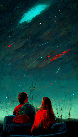 A couple of lovers relaxing in nature and admiring the starry sky. Perfect for phone wallpaper or for posters.の写真素材