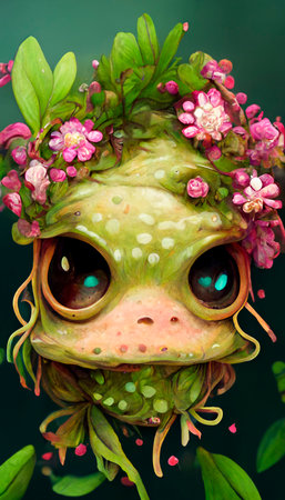 A fantasy frog with flowers and a beautiful magical fairy tale enchanted forest. Artistic abstract beautiful nature. Perfect for phone wallpaper or for posters.の写真素材