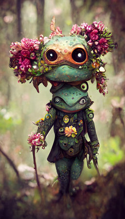 A fantasy frog with flowers and a beautiful magical fairy tale enchanted forest. Artistic abstract beautiful nature. Perfect for phone wallpaper or for posters.の写真素材