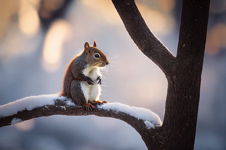 A squirrel in the winter forest. A squirrel in nature in an winter park. Cute squirrel sitting on a tree branch. 3d renderingの写真素材