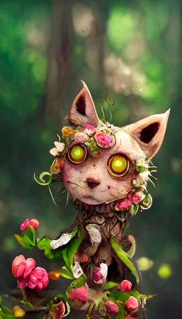 A fantasy cat with flowers and a beautiful magical fairy tale enchanted forest. Artistic abstract beautiful nature. Perfect for phone wallpaper or for posters.の写真素材