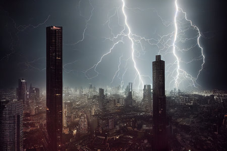 Huge lightnings over a major modern metropolis. A night storm over the city. 3D renderingの写真素材