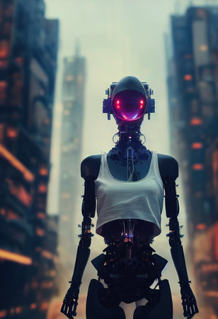 Portrait of a futuristic female robot. An artistic abstract cyberpunk fantasy. Concept of a modern...
