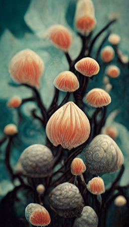 Colorful multicolored bright picture. Painted bright multicolored mushrooms. Abstract colorful background.の写真素材