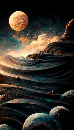 Fabulous abstract colorful alien landscape. Hills during alien sunrise. A beautiful landscape on...