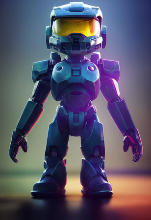 A fictional person, not based on a real person. Portrait of a sci-fi cyberpunk warrior. High-tech futuristic man from the future. The concept of virtual reality and cyberpunk. 3D render.の写真素材