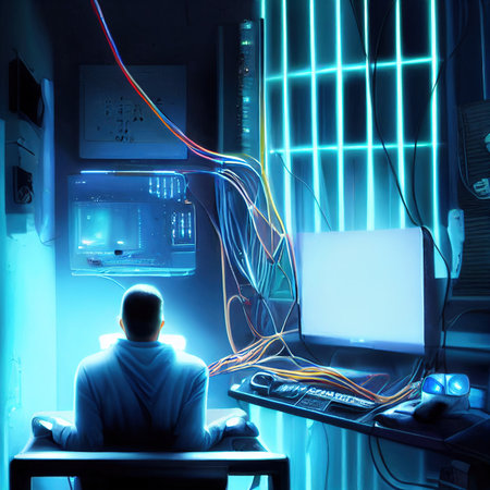 A hacker relaxing in his hackers office. High-tech programmer. The concept of virtual reality and...