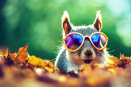A squirrel in glasses in the autumn forest. A squirrel in nature in an autumn park. Cute squirrel gnawing on nuts. 3d-renderingの写真素材