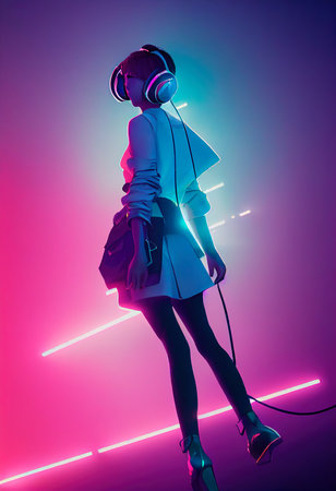A fictional person, not based on a real person. A portrait of a creative beauty wearing fancy headphones. A lover of fashionable music against a backdrop of bright colorful lights. 3d renderingの写真素材