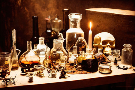 An abstract depiction of the workplace of an ancient alchemist, with skull, beakers, and spiders. 3D renderの写真素材