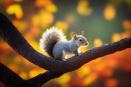 A squirrel in the autumn forest. A squirrel in nature in an autumn park. Cute squirrel sitting on a tree branch. 3d renderingの写真素材
