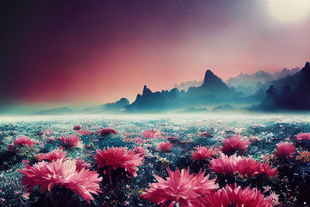 Colorful multicolored bright picture. Painted bright floral valley. Abstract colorful. 3D rendering.の写真素材