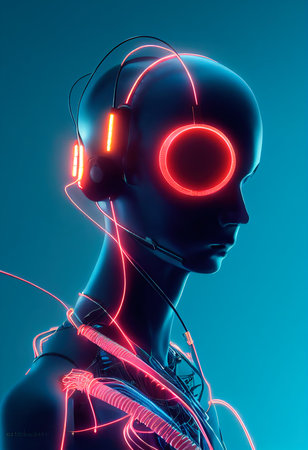 Portrait of a man wearing a cyberpunk headset and cyberpunk neon gear. A high-tech futuristic man from the future. The concept of virtual reality and cyberpunk. 3D rendering.の写真素材