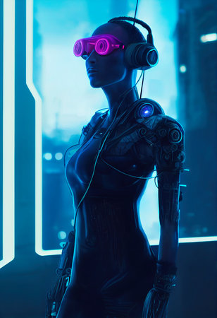 Fictional portrait of a sci-fi cyberpunk girl. High-tech futuristic woman from the future. The concept of virtual reality and cyberpunk. 3D render.の写真素材