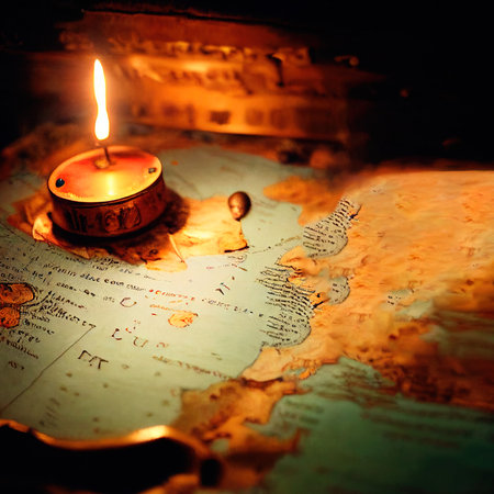 An ancient pirate map in the cabin of a pirate ship. Image of an ancient ancient pirate map. An ancient paper pirate scroll. 3d renderingの写真素材