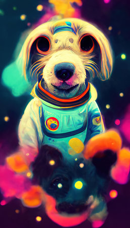Abstract surrealistic animal astronaut in space. Lots of colored colors, rainbows and multicolored smoke. Colorful wonderful dream abstraction.の写真素材