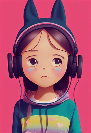 A fictional person, not based on a real person. A portrait of a creative child of a girl wearing fancy headphones. A lover of fashionable music. 3d renderingの写真素材