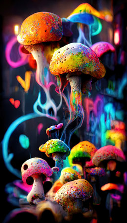 Abstract multicolor magical mushroom surrealism. Lots of colored paint, ink, mushrooms, rainbows and multicolored smoke. Colorful marvelous unreality from dreams. The concept of dreams and illusions.の写真素材