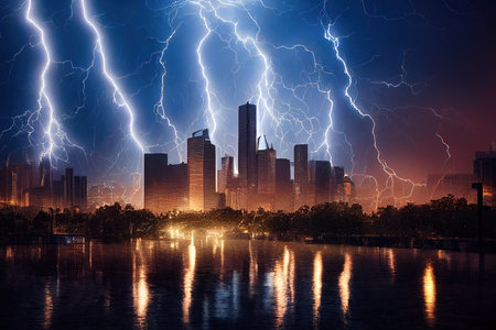 Huge lightnings over a major modern metropolis. A night storm over the city. 3D rendering