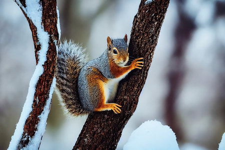 A squirrel in the autumn forest. A squirrel in nature in an autumn park. Cute squirrel sitting on a tree branch. 3d renderingの写真素材